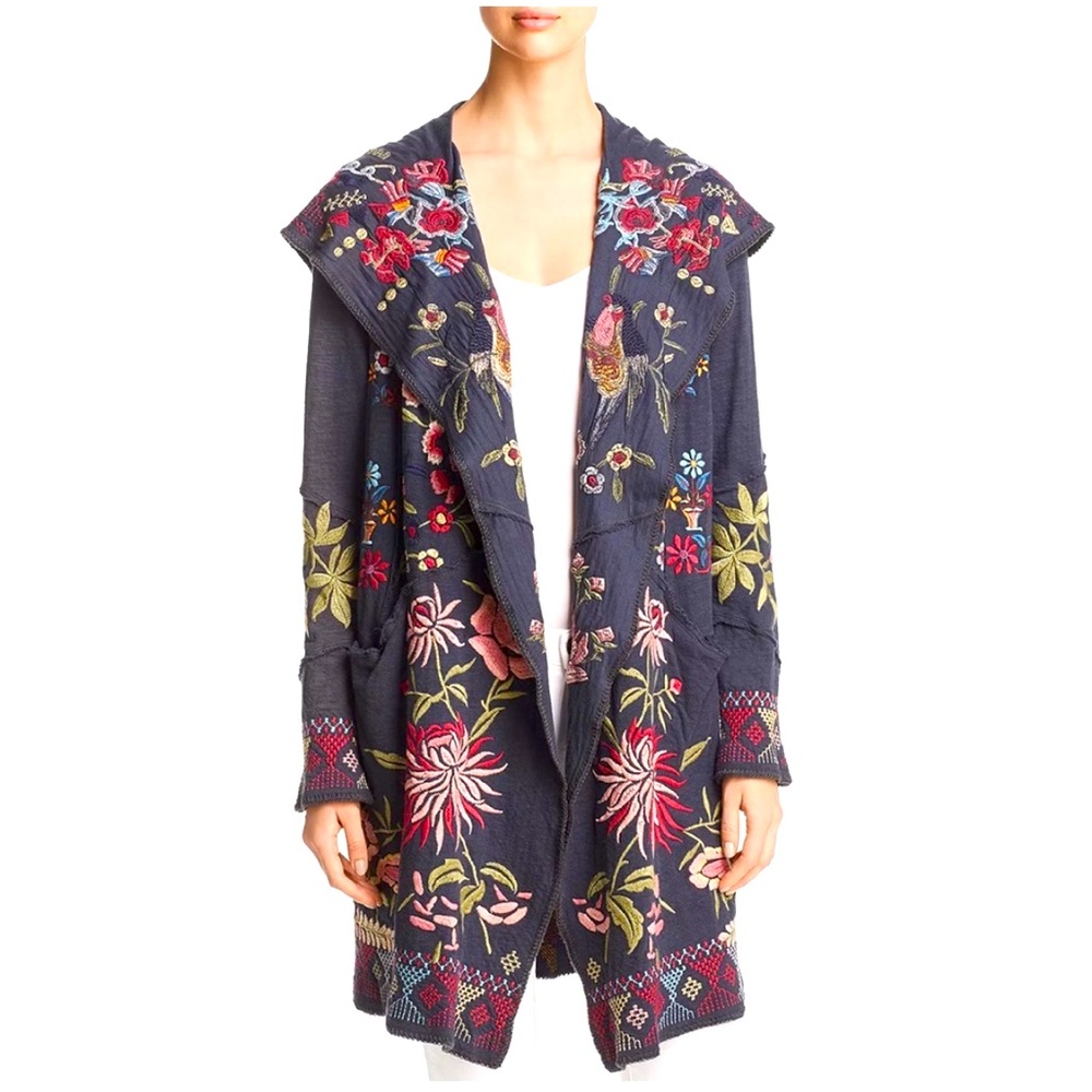 Johnny Was Khan Hooded Floral-Embroidered Duster Small